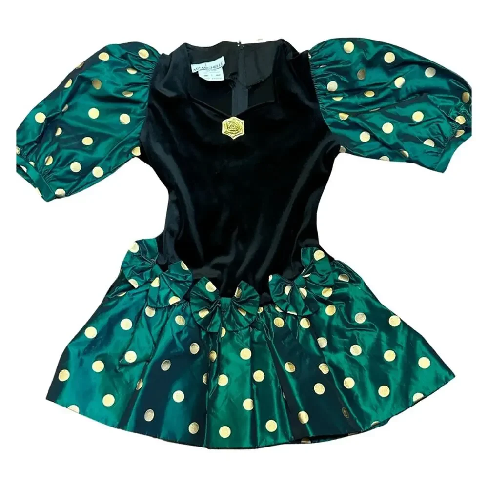 RARE Vintage My Michelle 80s Party Dress Girls 7 Gold Green Black Polka Dots